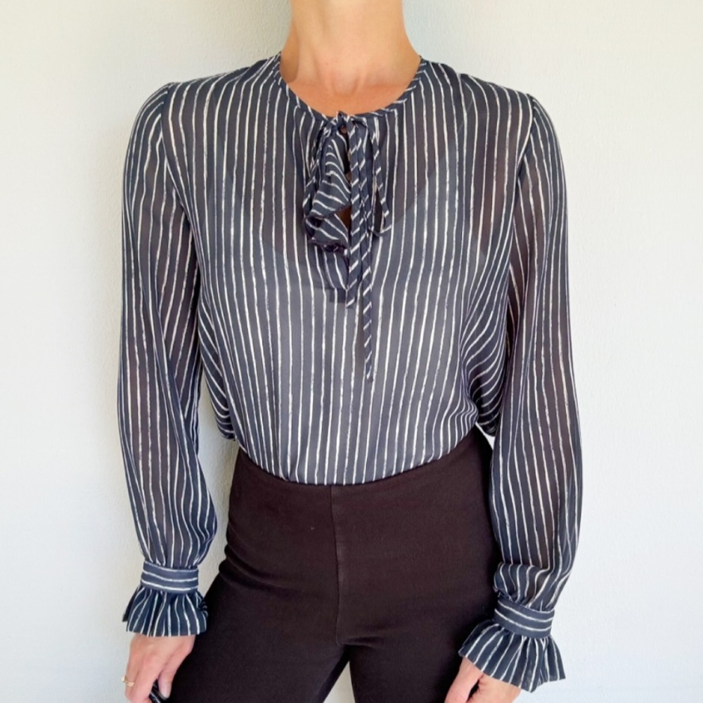 Lola & Sophie navy blue stripe tie neck ruffle trim sheer long sleeve blouse XS